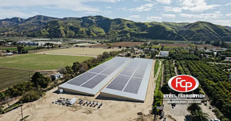 FCP Solar Array Reservoir Covers Showing two custom steel fabricated covers over a farmers reservoir.